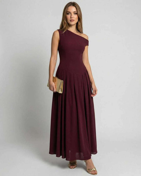 Valencia Maxi Dress - Burgundy one shoulder dress, A-line silhouette, elegant evening wear from Lauven.