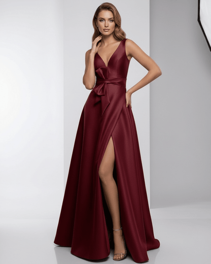 Valencia Maxi Dress – Burgundy satin A-Line V-neck floor-length evening dress by Lauven, elegant and refined.