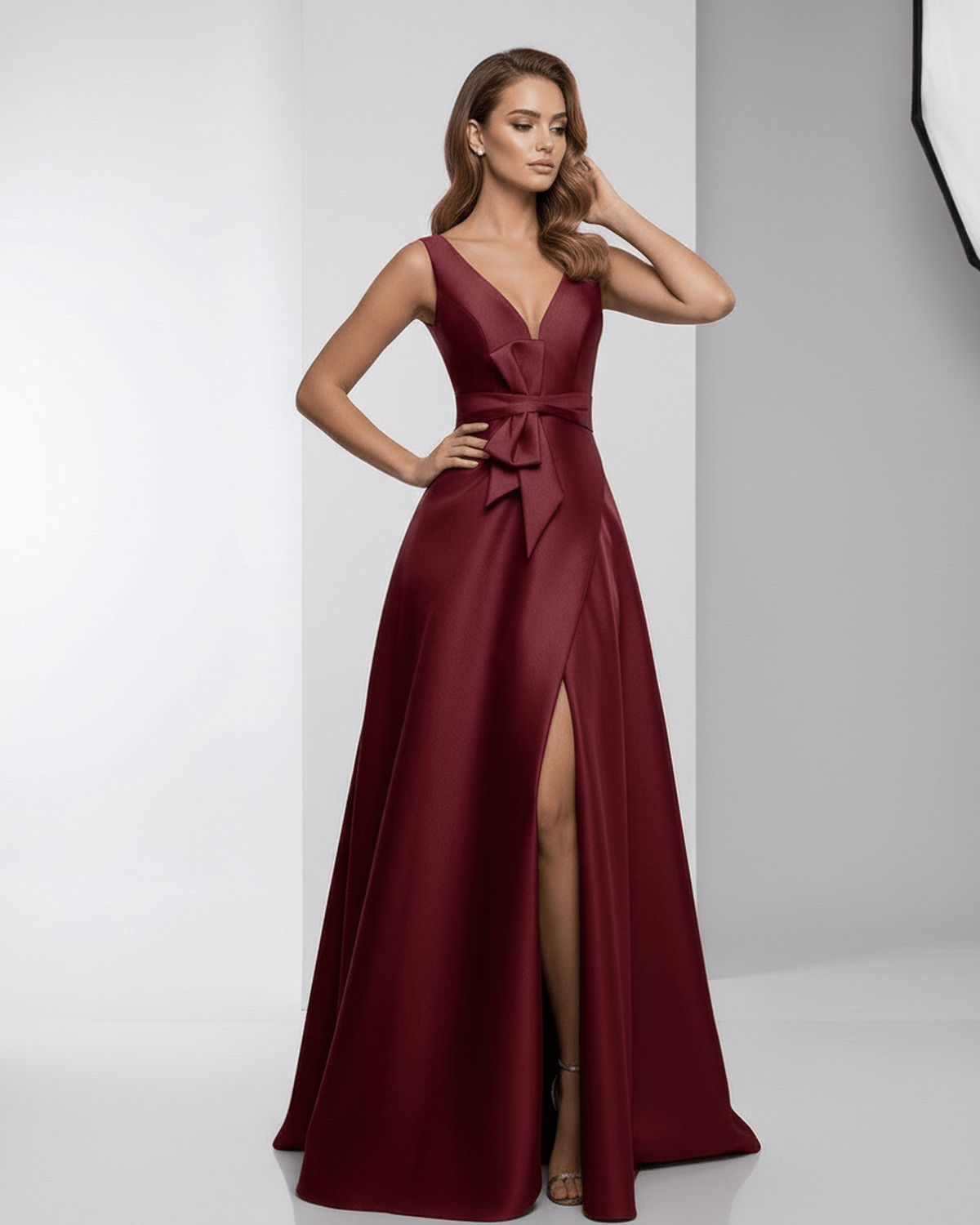 Valencia Maxi Dress - Burgundy Satin A-Line V-Neck Evening Dress by Lauven, elegant and refined look.