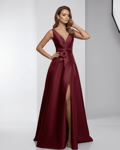 Valencia Maxi Dress - Burgundy Satin A-Line V-Neck Evening Dress by Lauven, elegant and refined look.