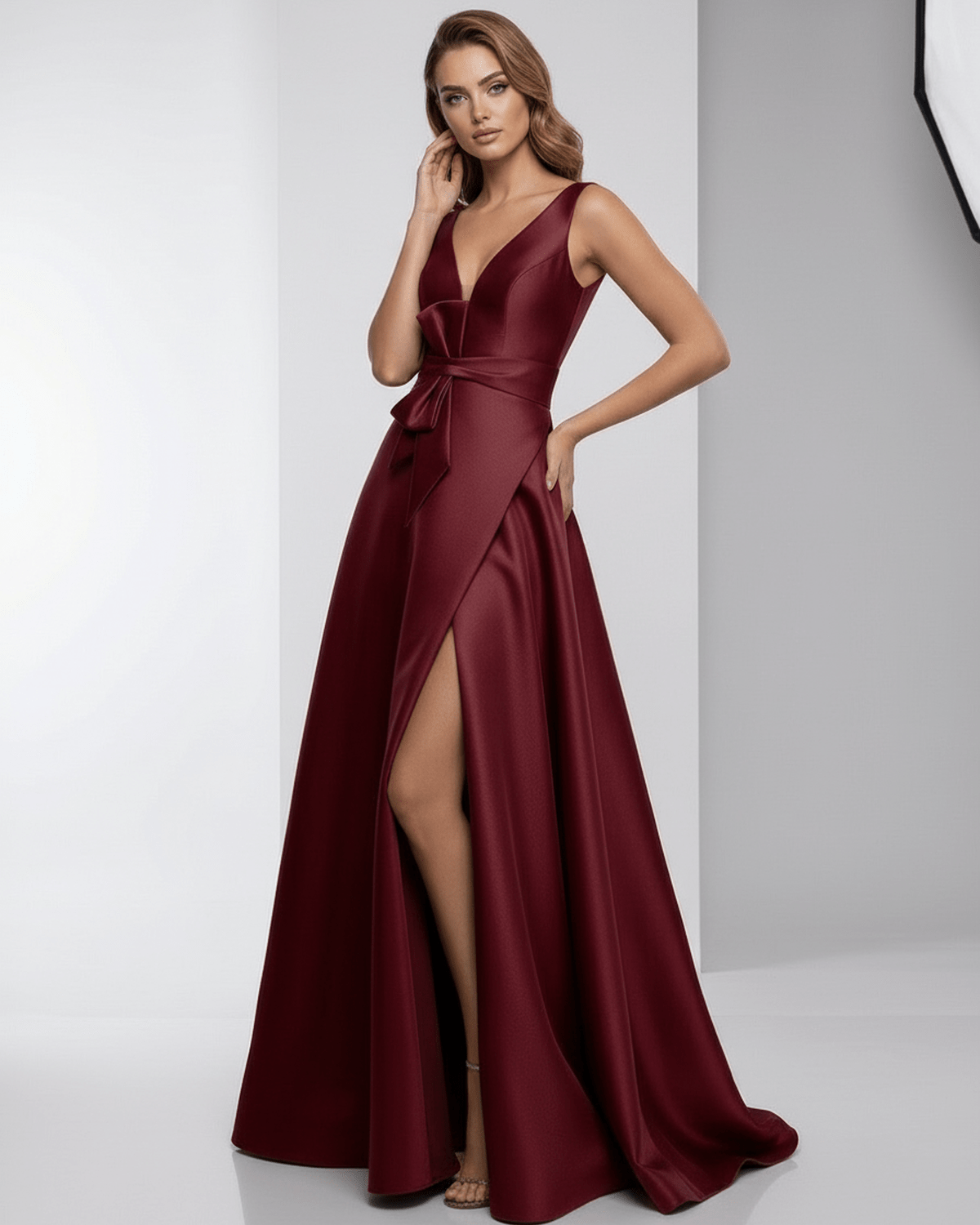 Valencia Maxi Dress - Burgundy Satin A-Line V-Neck Evening Dress by Lauven, elegant silhouette and refined style.
