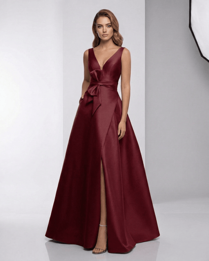 Valencia Maxi Dress – Burgundy Satin A-Line V-Neck Elegant Evening Dress by Lauven