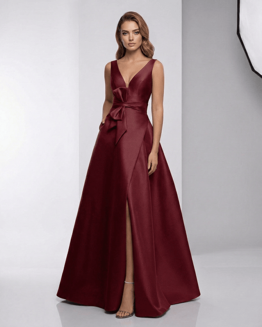 Valencia Maxi Dress – Burgundy Satin A-Line V-Neck Elegant Evening Dress by Lauven