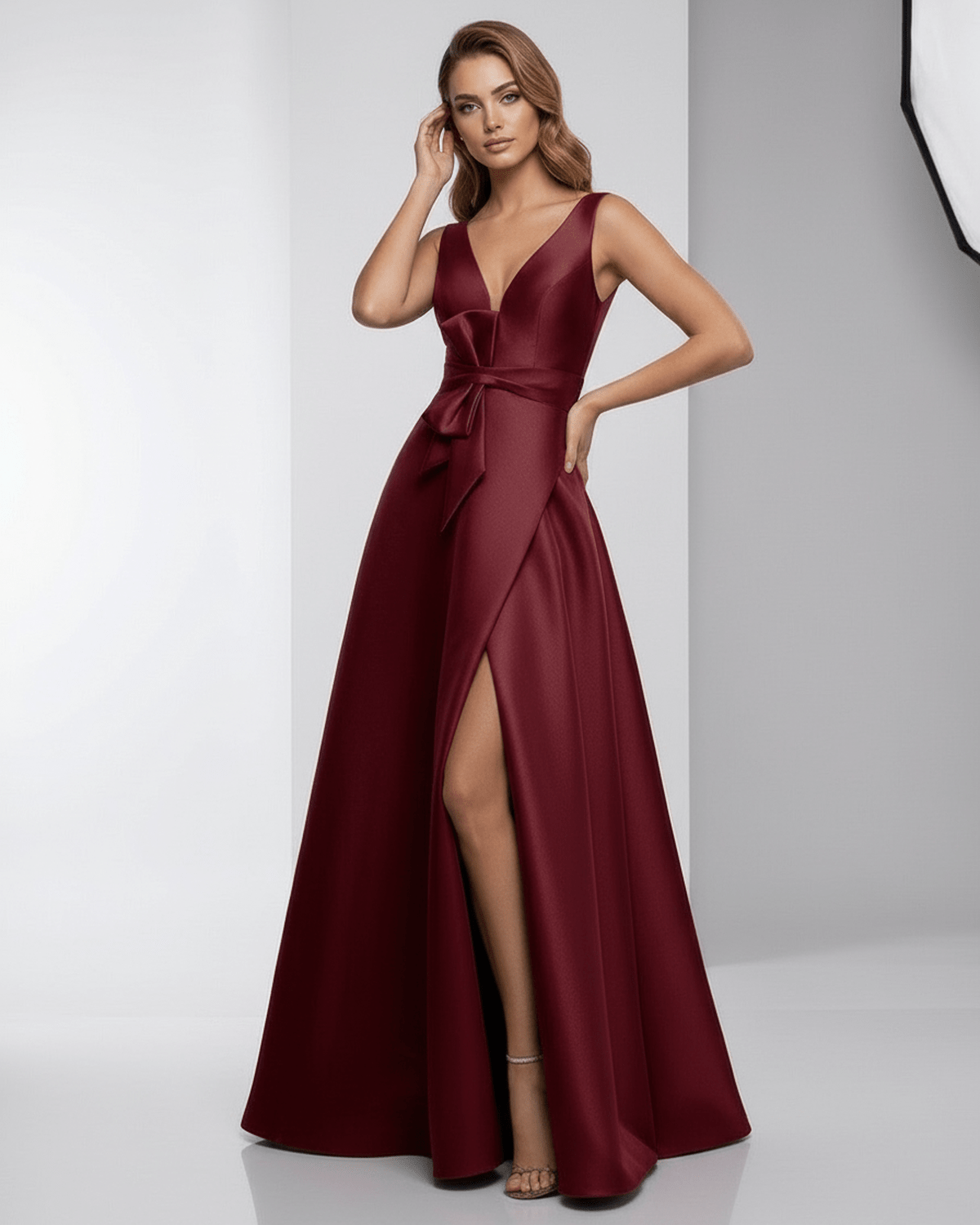 Stunning Valencia Maxi Dress in burgundy satin, A-line silhouette, V-neck, elegant evening wear by Lauven.