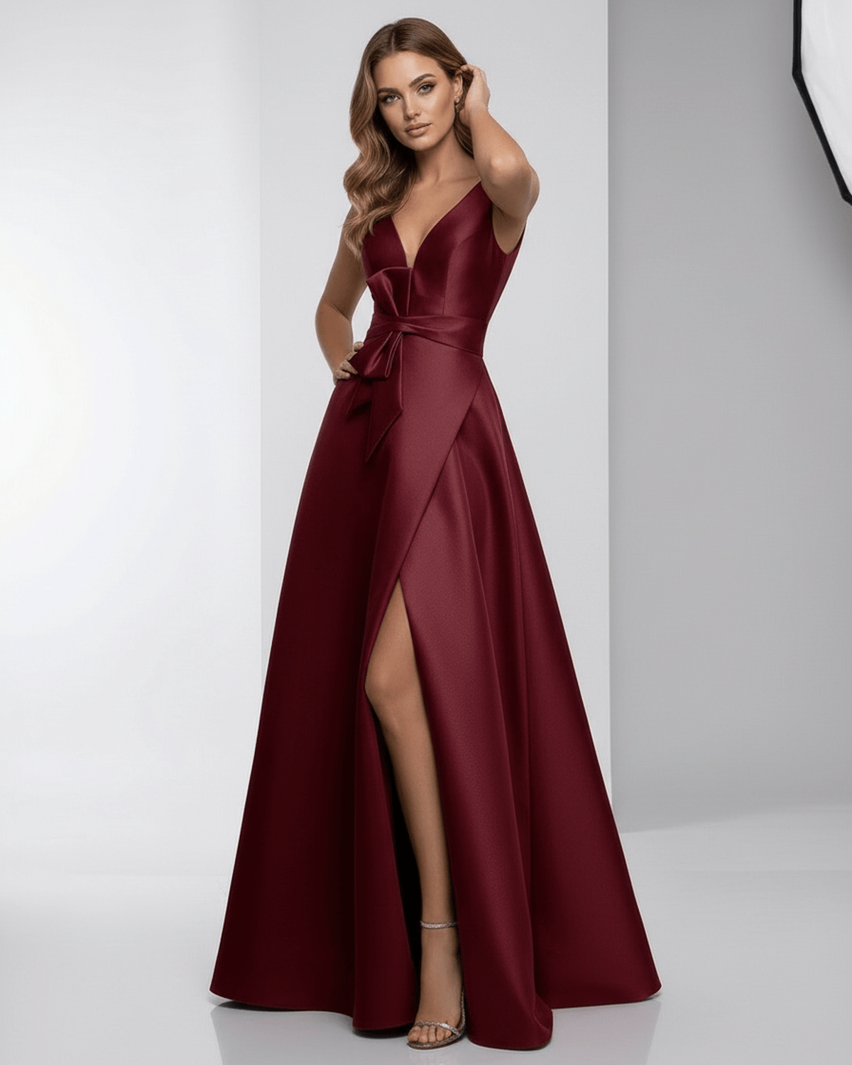Valencia Maxi Dress - Burgundy A-Line V-Neck gown by Lauven, featuring a flowy skirt, satin finish, and elegant style.