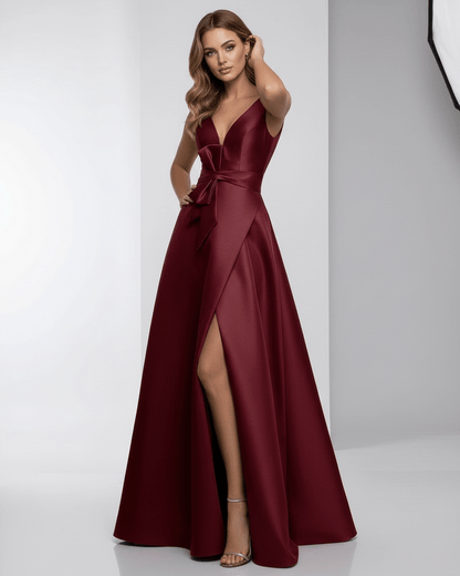 Valencia Maxi Dress - Burgundy A-Line V-Neck gown by Lauven, featuring a flowy skirt, satin finish, and elegant style.