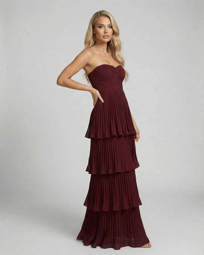 Valencia Maxi Dress by Lauven - Burgundy strapless pleated chiffon gown with flowing tiered silhouette.