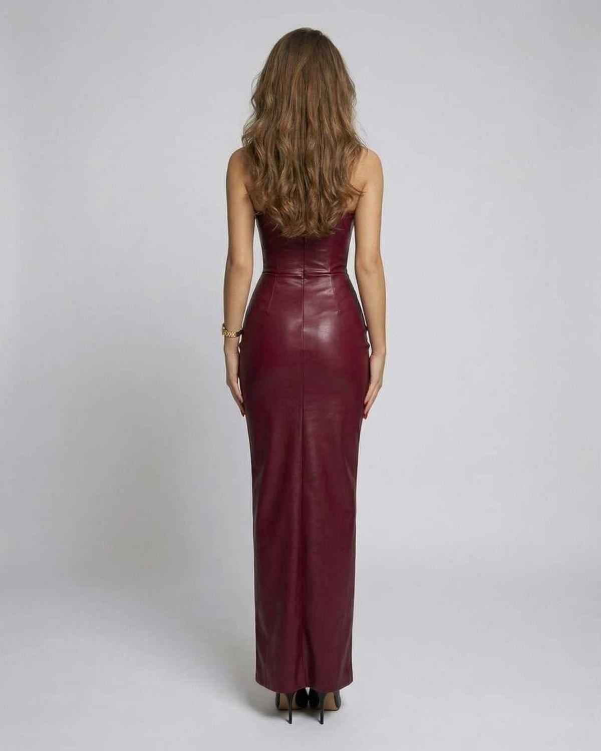 Valencia Maxi Dress - Burgundy strapless design with sculpted silhouette by Lauven, showcasing a sleek, high-gloss finish.