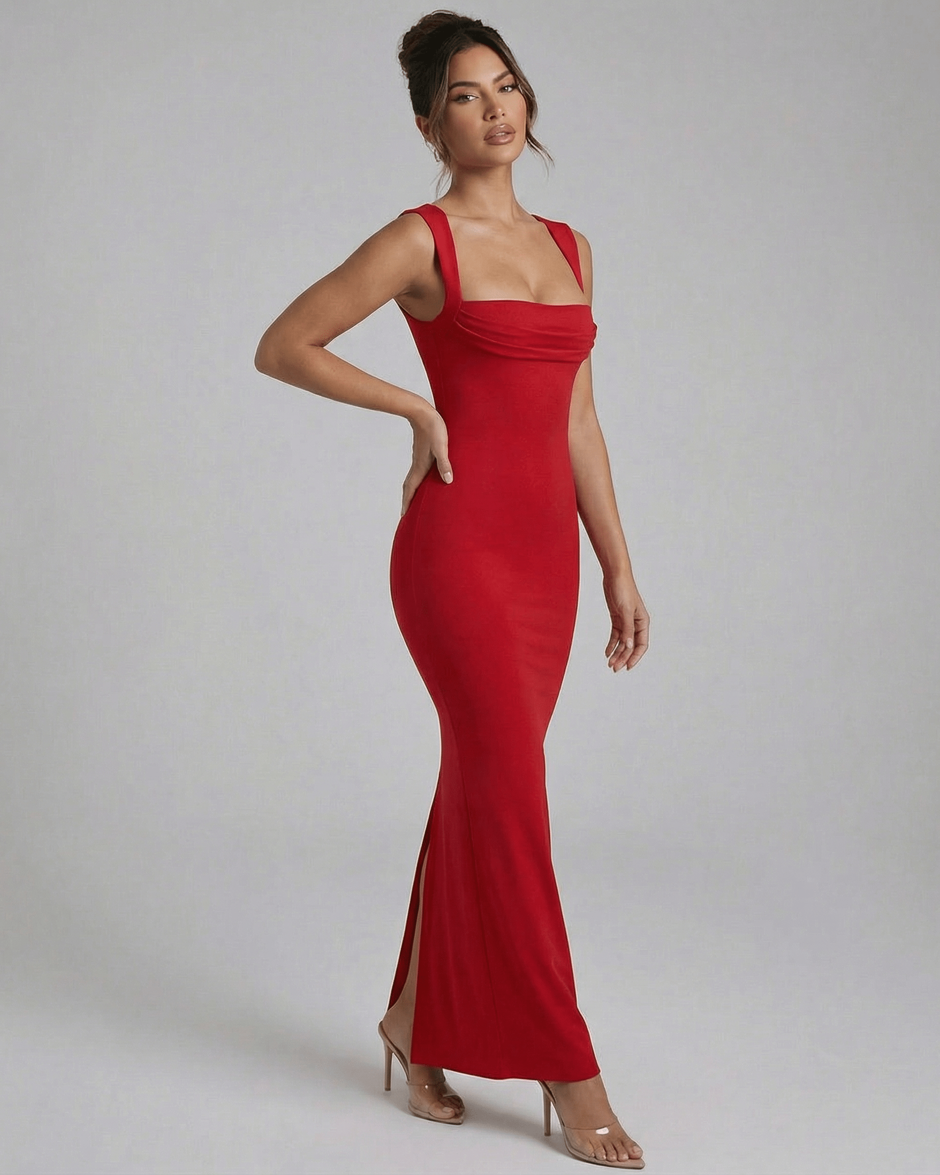 Valencia Maxi Dress by Lauven - Sleek red bodycon dress with sleeveless empire waist design and ankle-length silhouette.