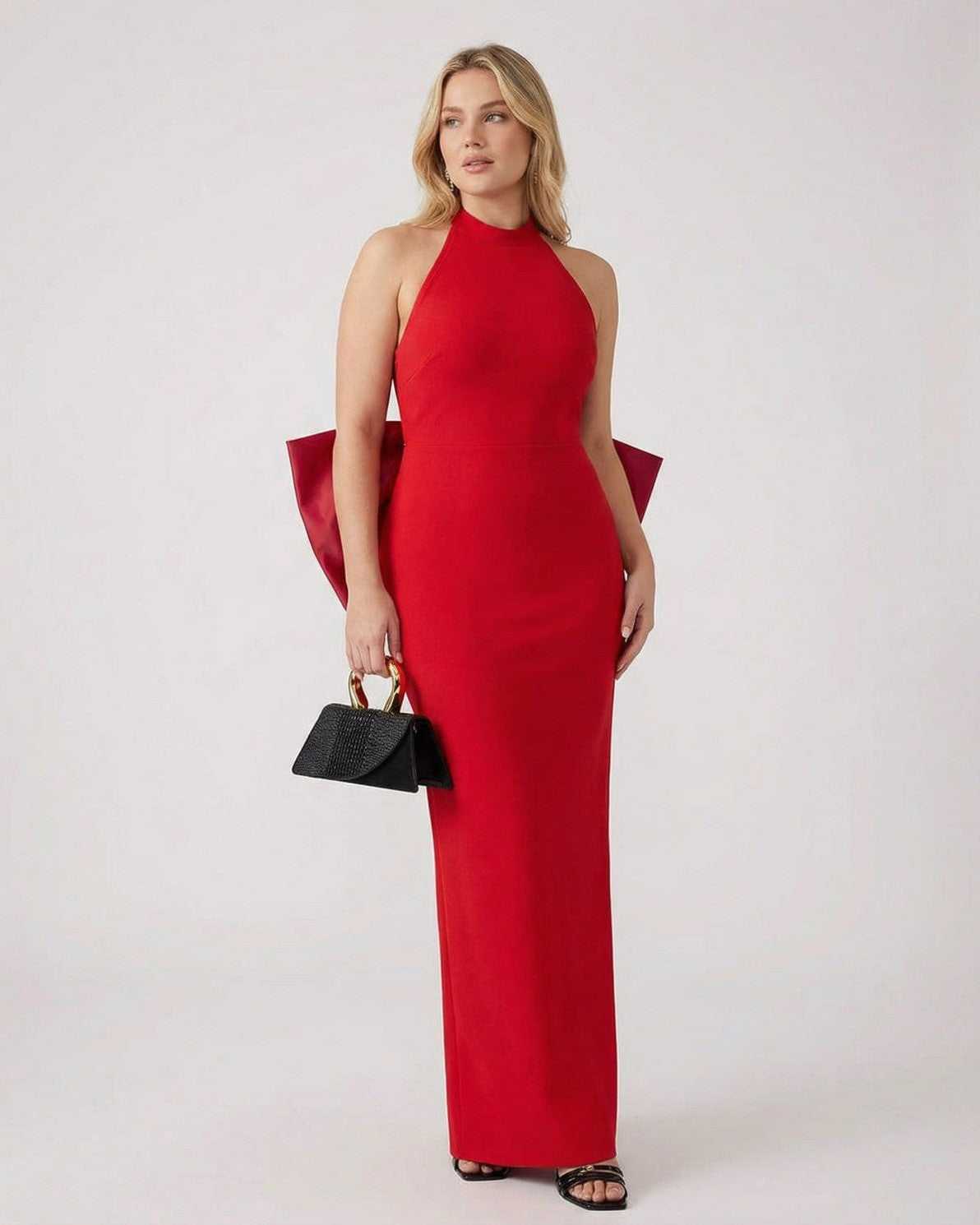Valencia Maxi Dress by Lauven, red halter neck sheath dress with statement bow detail.