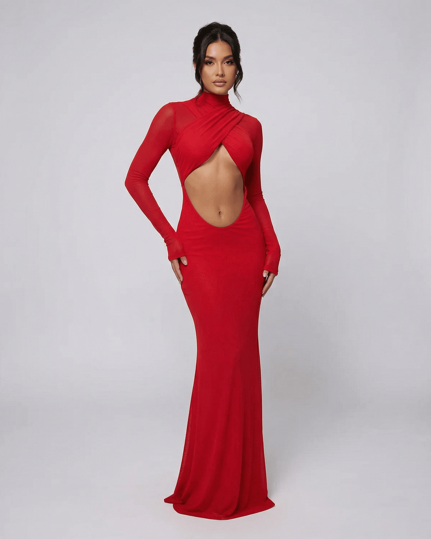 Valencia Maxi Dress by Lauven featuring a long sleeve, cut-out turtleneck design in a rich red tone.