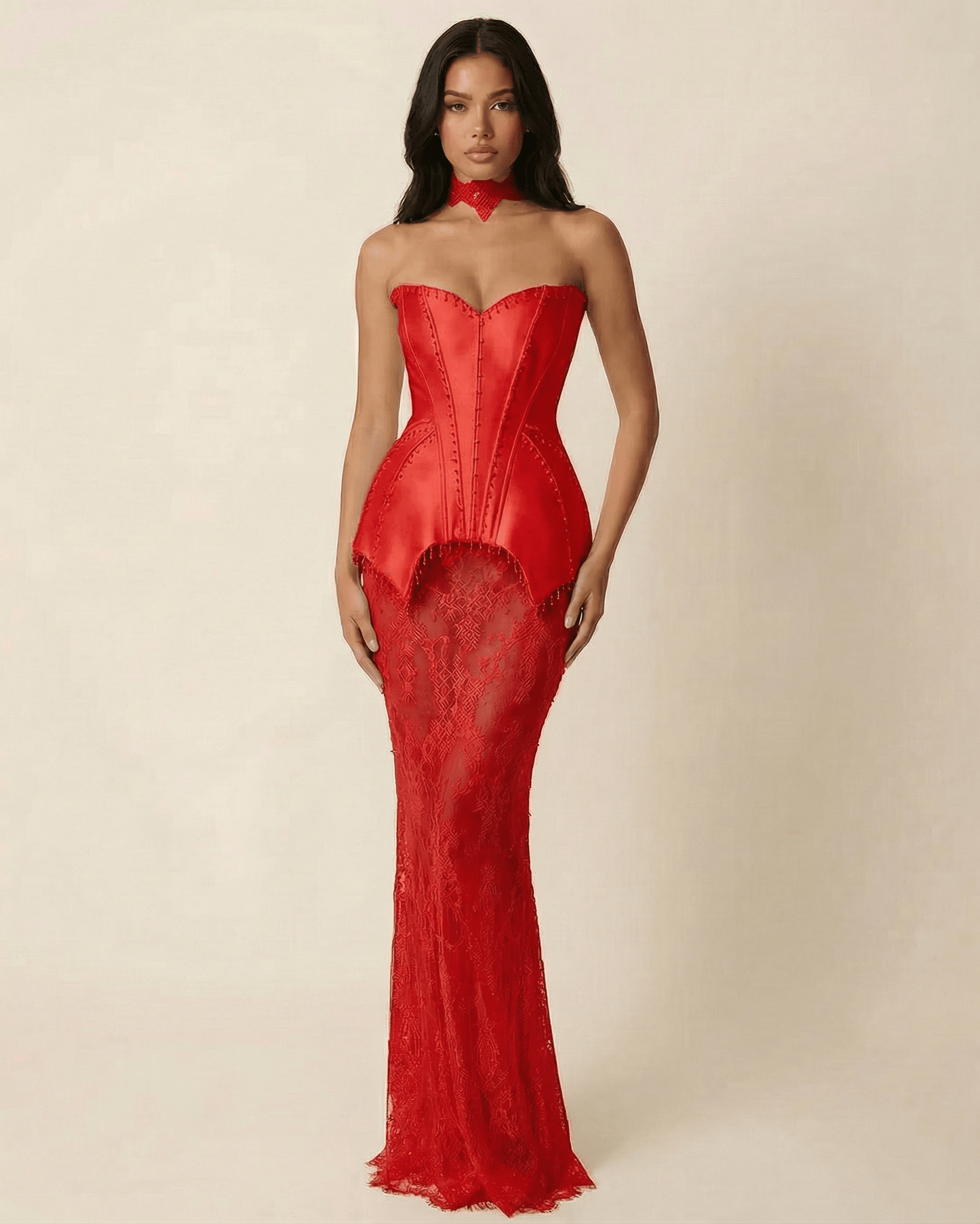 Valencia Maxi Dress by Lauven featuring a strapless lace patchwork design in vivid red, highlighting a corset bodice.