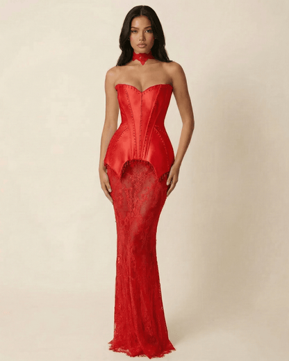 Valencia Maxi Dress by Lauven featuring a strapless lace patchwork design in vivid red, highlighting a corset bodice.