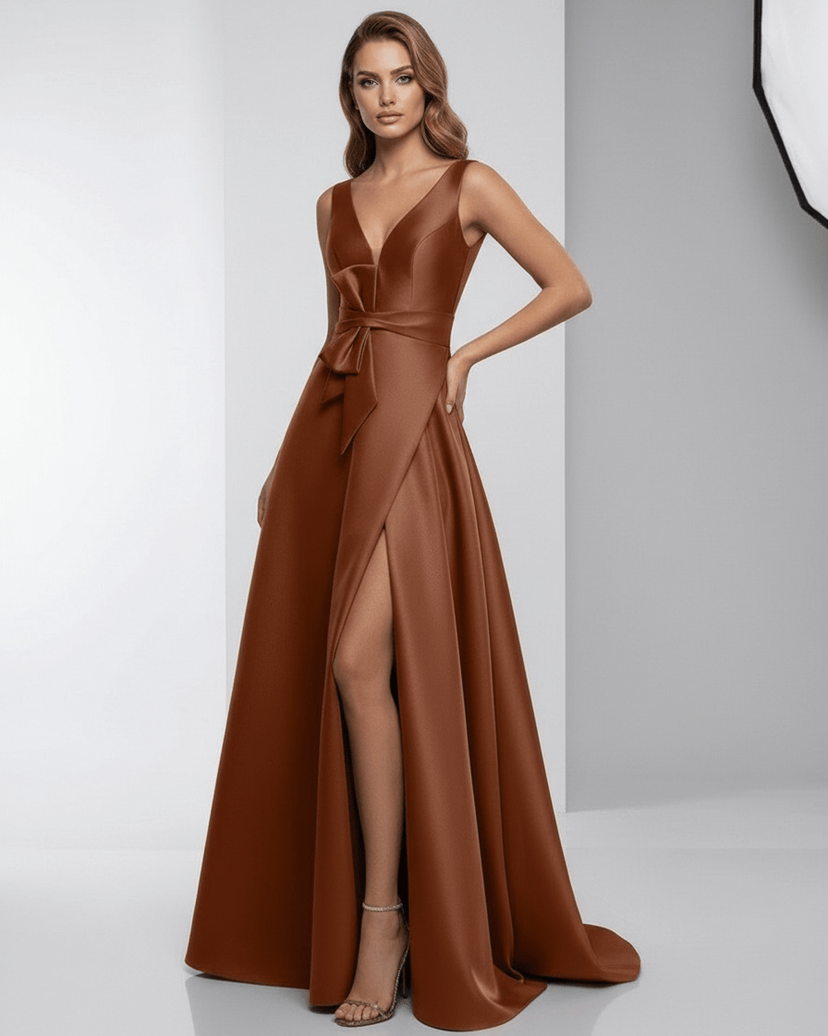 Valencia Maxi Dress – Satin A-Line V-Neck Floor-Length Evening Dress by Lauven, featuring elegant rust tone and flattering silhouette.