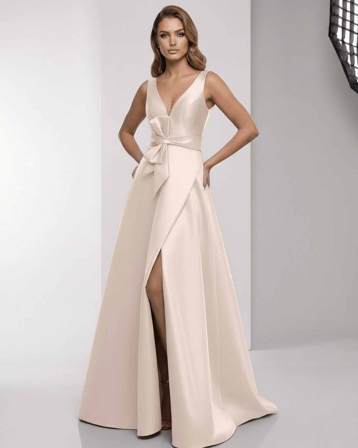 Valencia Maxi Dress, pink satin A-line, wrap slit, bow waist, Lauden elegance for formal occasions.
