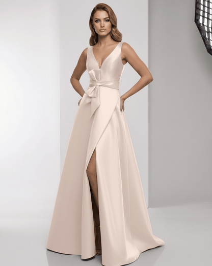 Valencia Maxi Dress, pink satin A-line, wrap slit, bow waist, Lauden elegance for formal occasions.