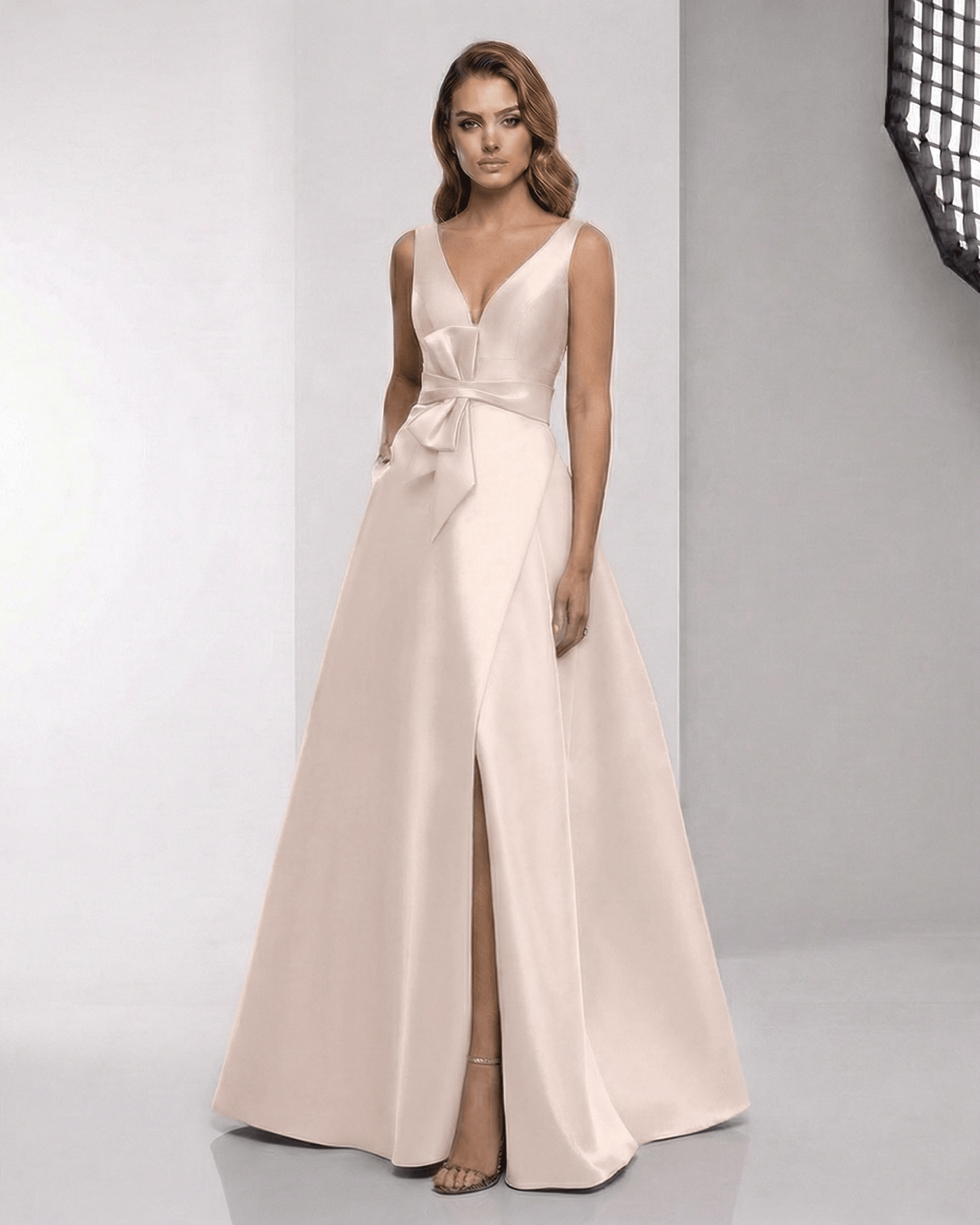 Valencia Maxi Dress - elegant pink satin A-line with wrap slit, bow waist, by Lauven for a polished formal look.