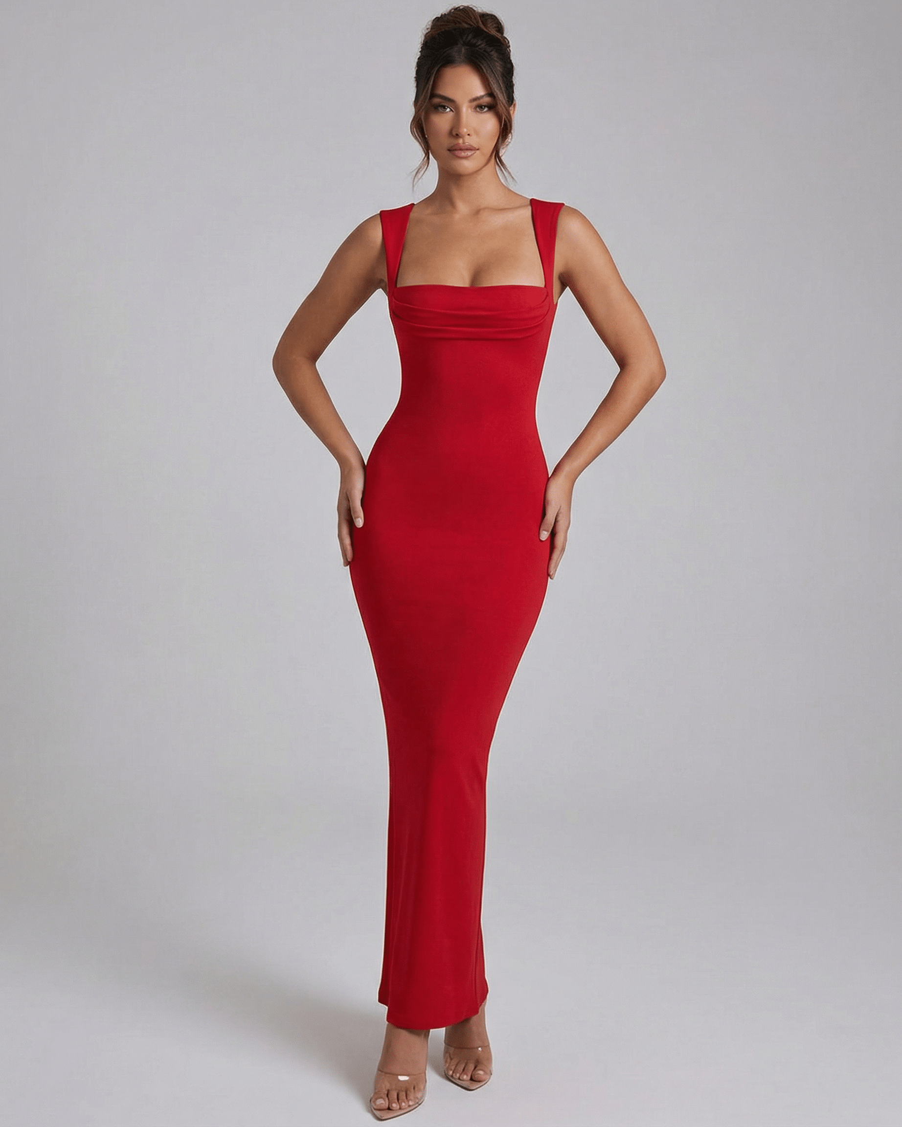 Valencia Maxi Dress by Lauven, red bodycon ankle-length dress with sleeveless empire waist design.