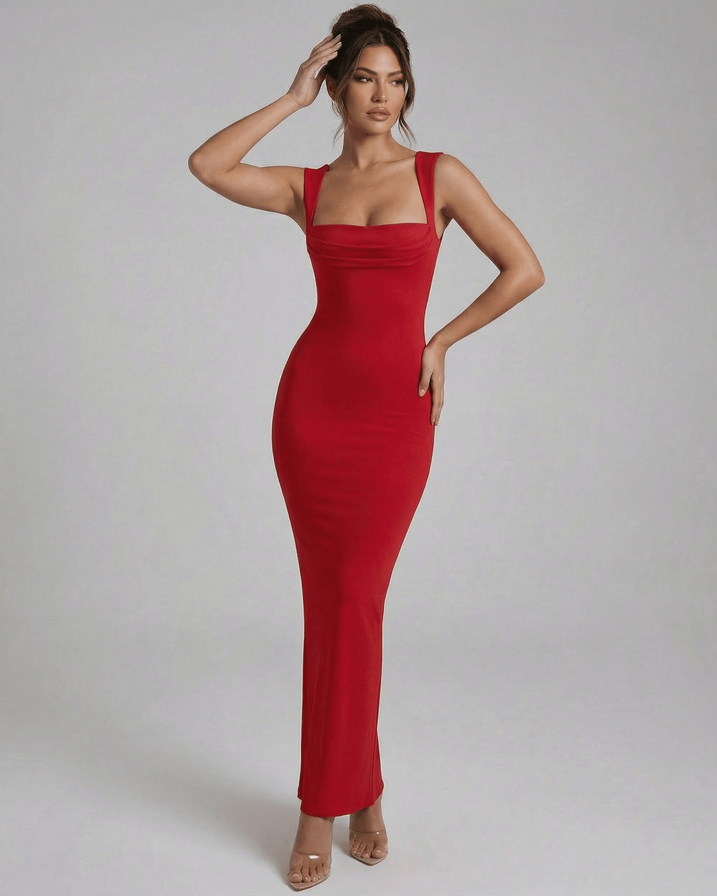 Lauven Valencia Maxi Dress - Red Bodycon Maxi Dress with Sleeveless Empire Waist Design