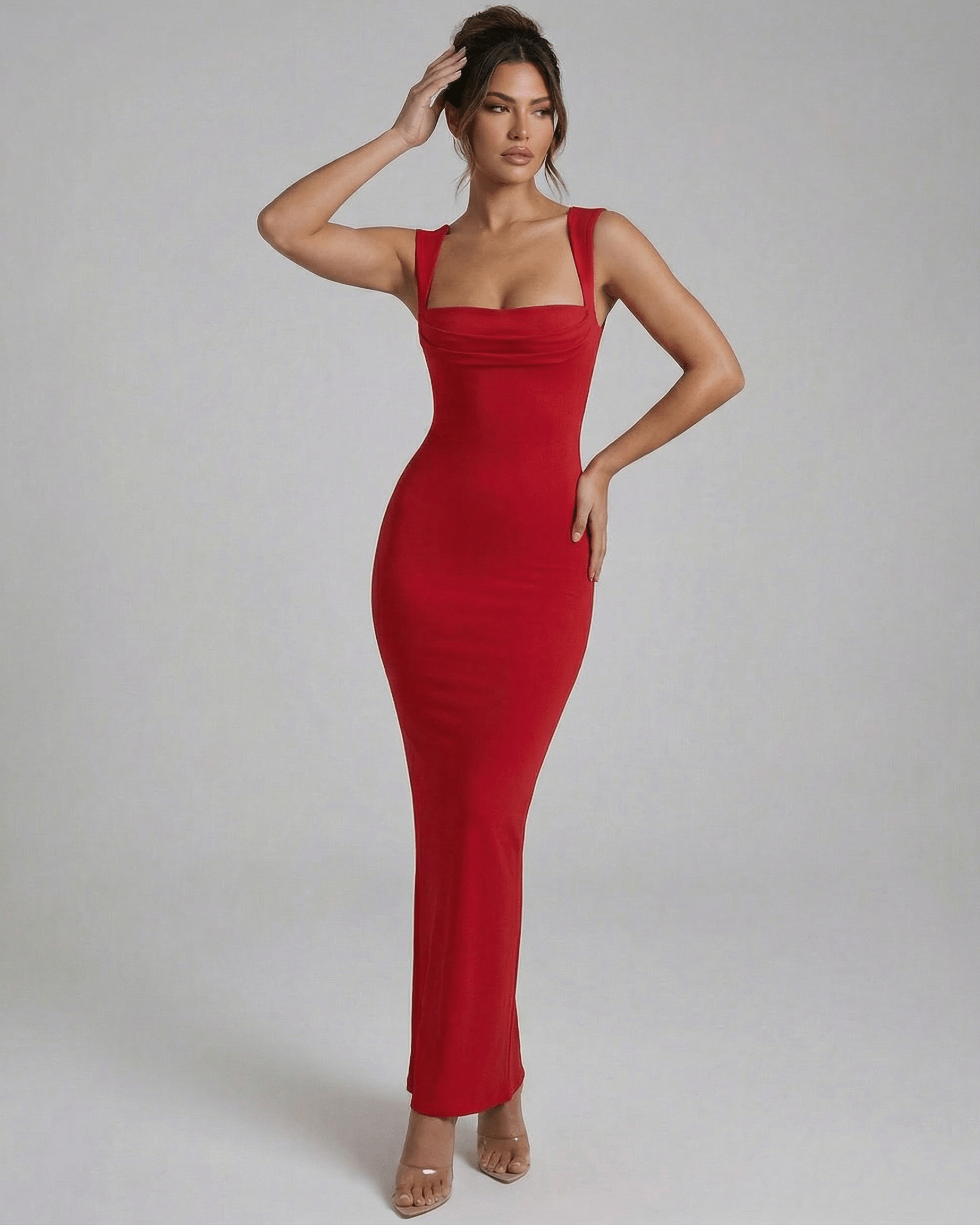 Lauven Valencia Maxi Dress - Red Bodycon Maxi Dress with Sleeveless Empire Waist Design