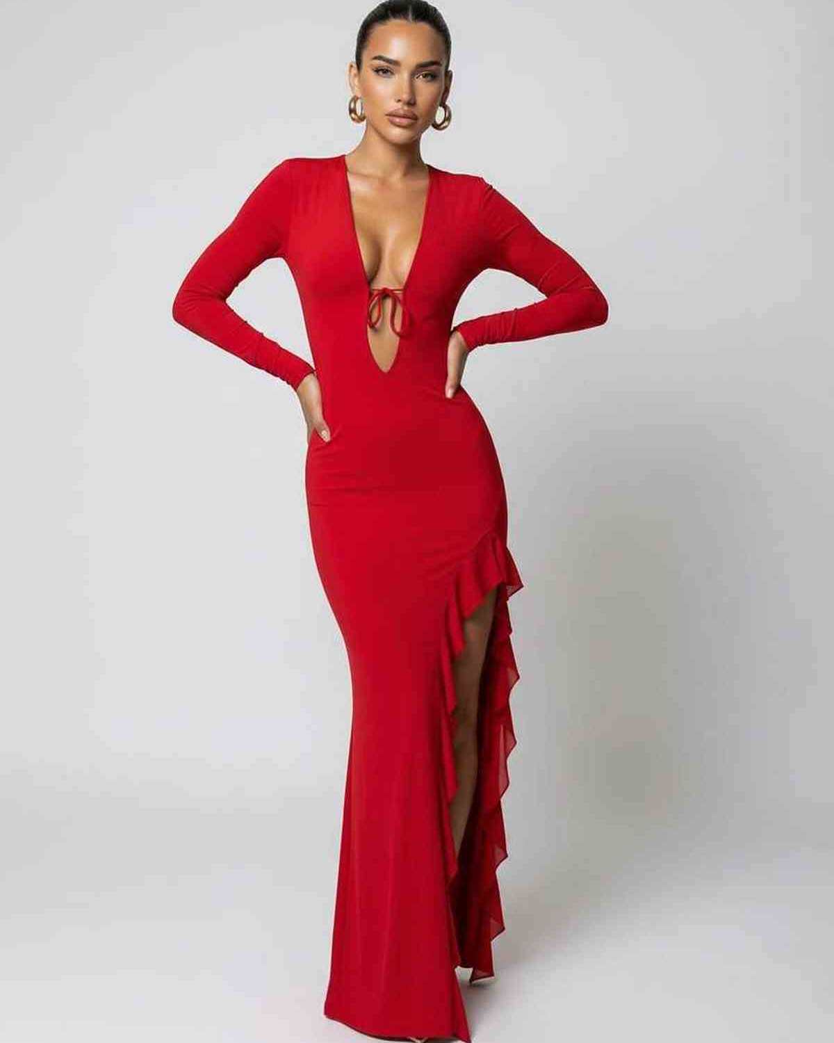 Valencia Maxi Dress - Red deep V-neck maxi dress with ruffle slit, long sleeves, by Lauven, perfect for modern elegance.