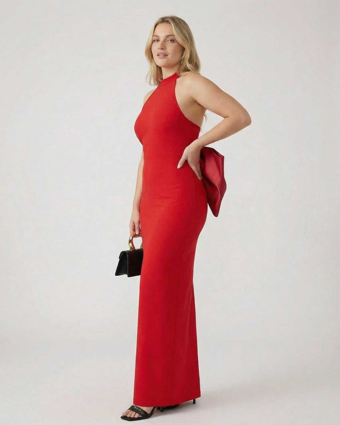 Valencia Maxi Dress by Lauven, red halter neck sheath gown with statement bow detail, elegant evening wear.