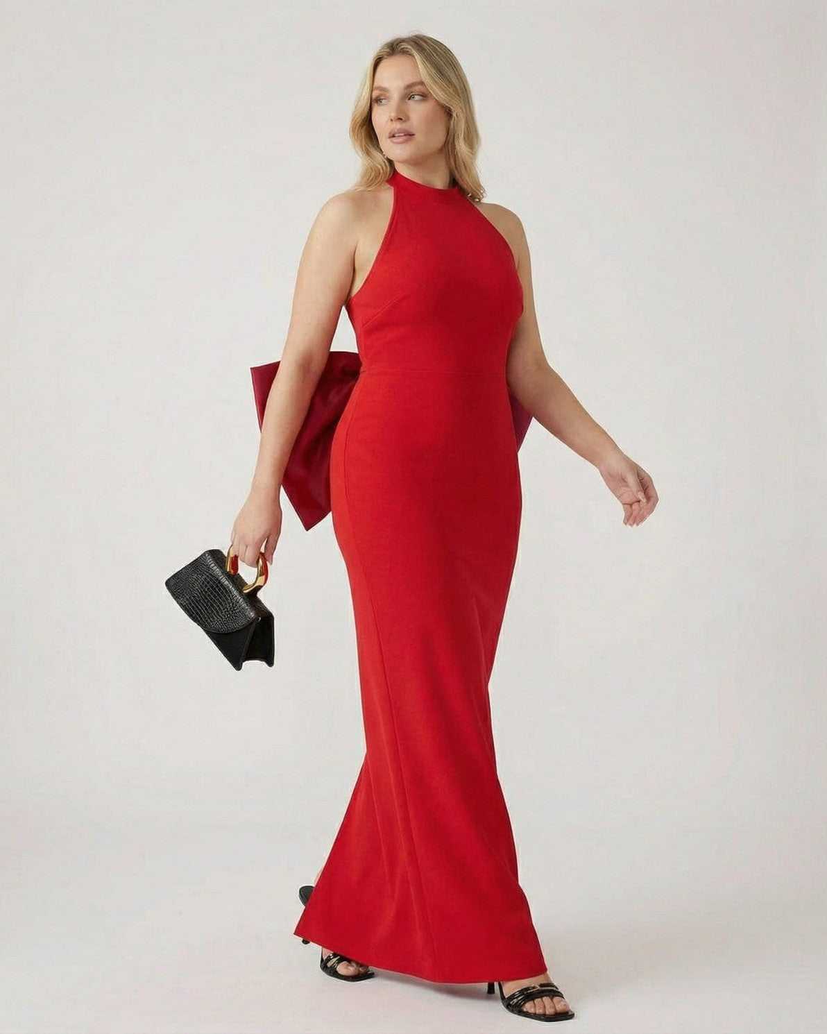 Valencia Maxi Dress by Lauven - Red Halter Neck Sheath with Bow Detail, perfect for formal occasions.