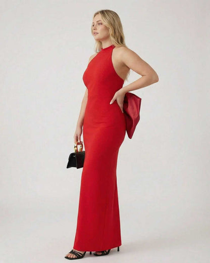 Valencia Maxi Dress by Lauven, red halter neck sheath dress with statement bow detail, perfect for formal occasions.
