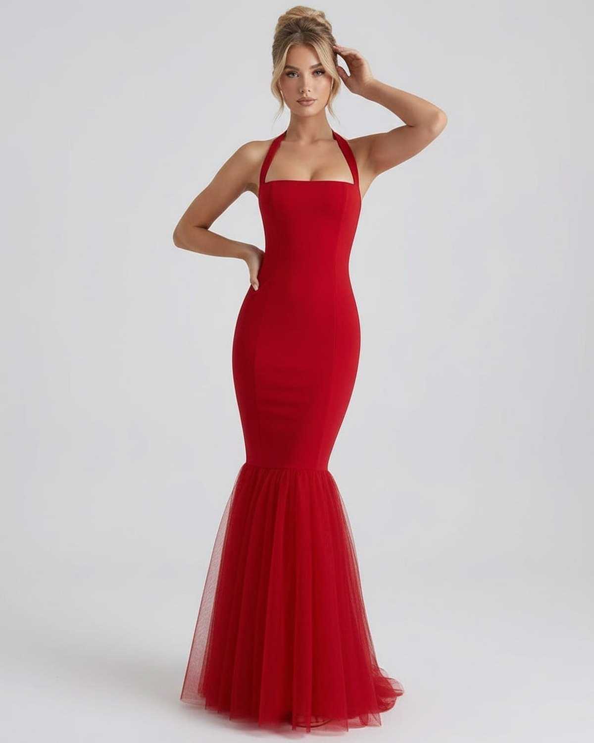 Valencia Maxi Dress red halter neck dress with tulle hem by Lauven, featuring a bodycon silhouette for a stunning look.