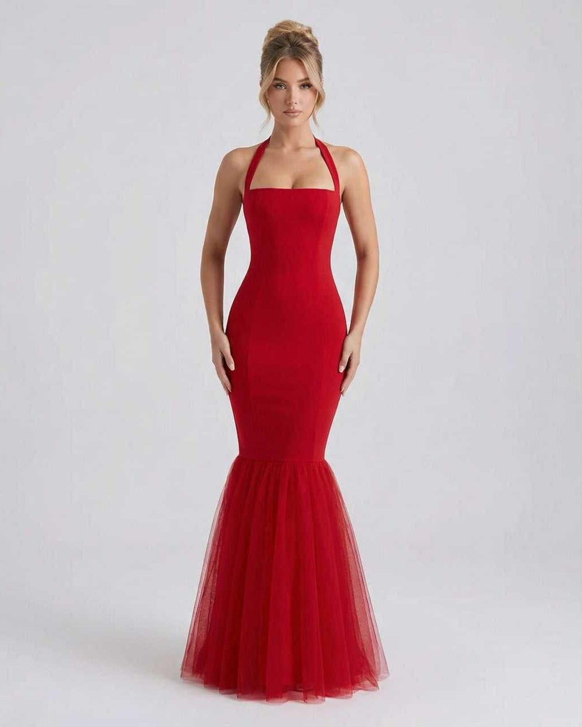 Valencia Maxi Dress featuring a halter neck and tulle hem in red, offering a sleek bodycon fit by Lauven.