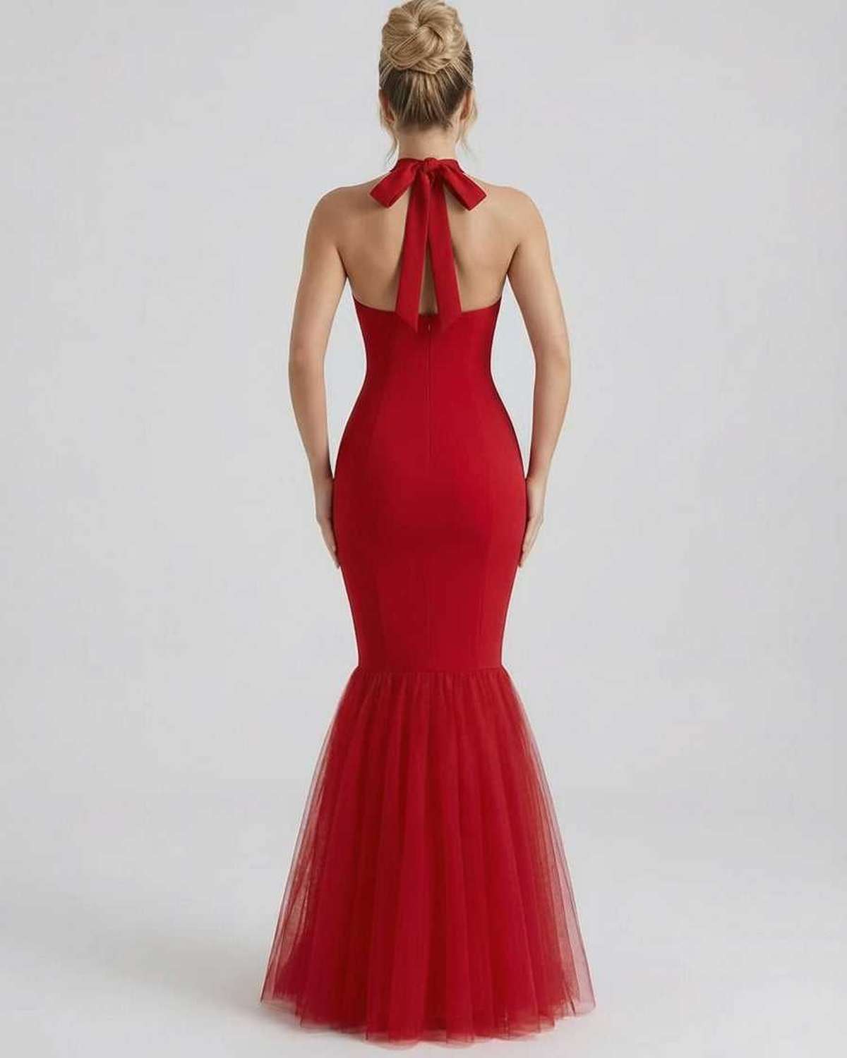 Valencia Maxi Dress red halter neck dress with tulle hem, bodycon silhouette by Lauven, elegant and stylish design.