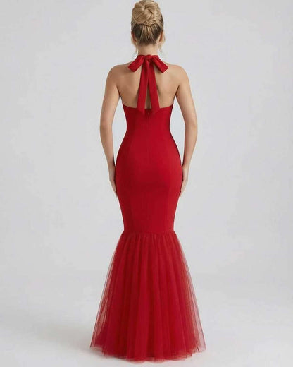 Valencia Maxi Dress red halter neck dress with tulle hem, bodycon silhouette by Lauven, elegant and stylish design.