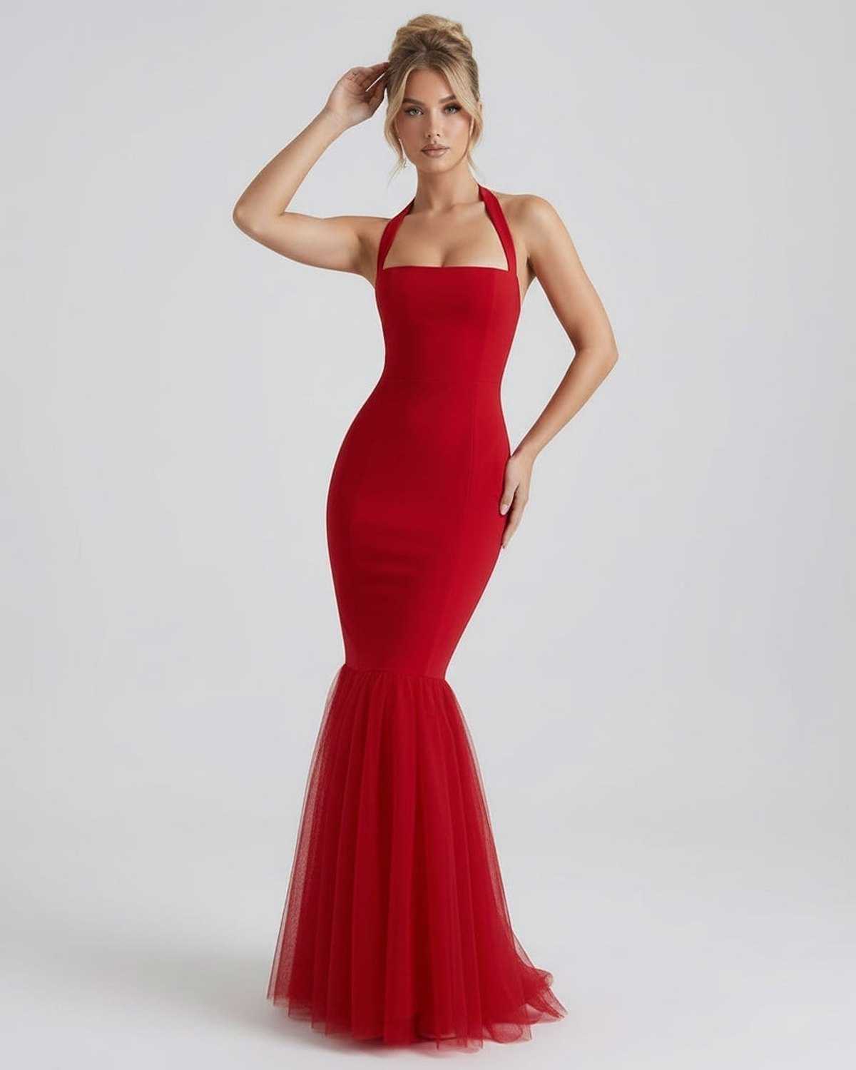 Valencia Maxi Dress in red, halter neck design, bodycon silhouette, tulle hem by Lauven, perfect for special occasions.