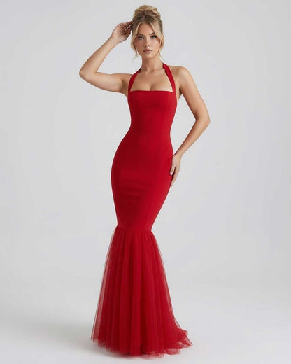 Valencia Maxi Dress in red, halter neck design, bodycon silhouette, tulle hem by Lauven, perfect for special occasions.