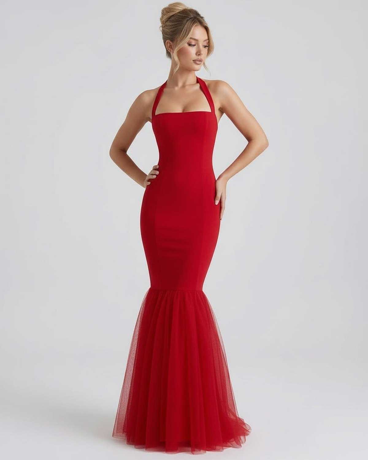 Valencia Maxi Dress red bodycon dress with halter neck, tulle hem, and crafted by Lauven.