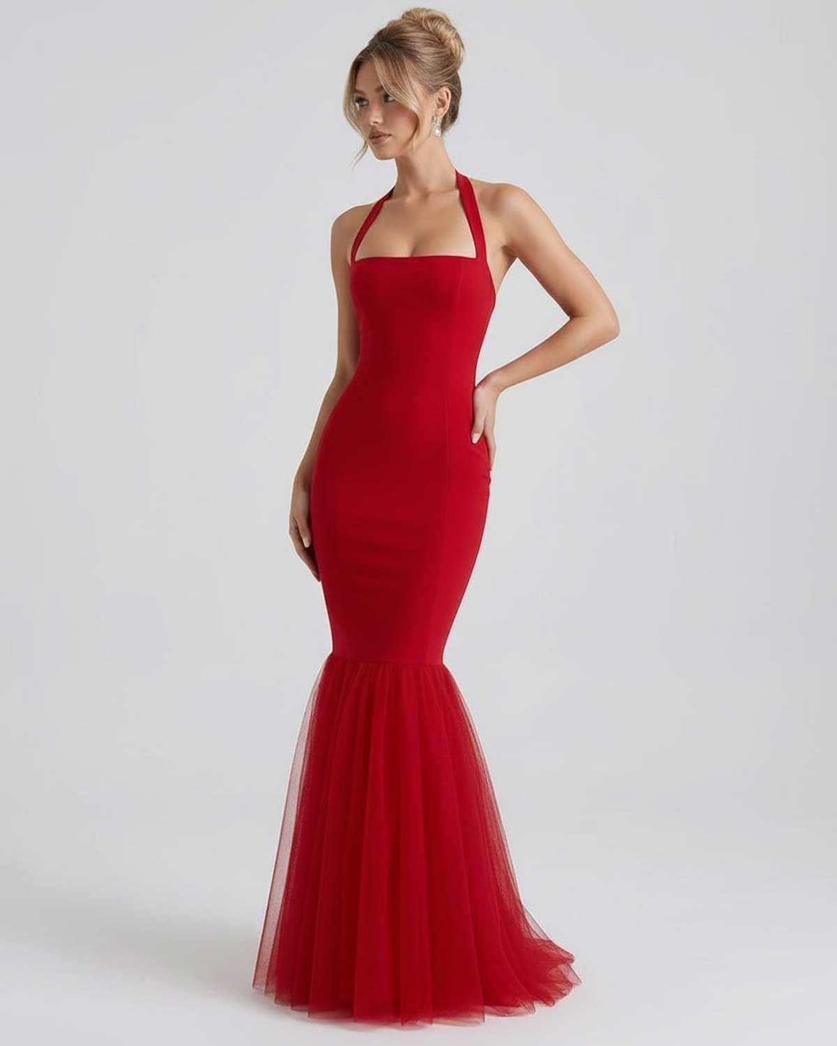 Valencia Maxi Dress featuring a red bodycon silhouette, halter neck, and tulle hem by Lauven.