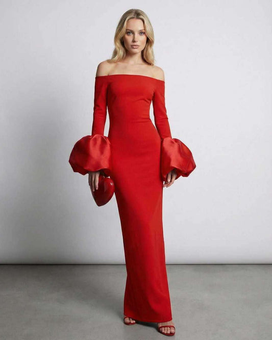 Valencia Maxi Dress in red, off the shoulder design with puff sleeves, elegant silhouette by Lauven.