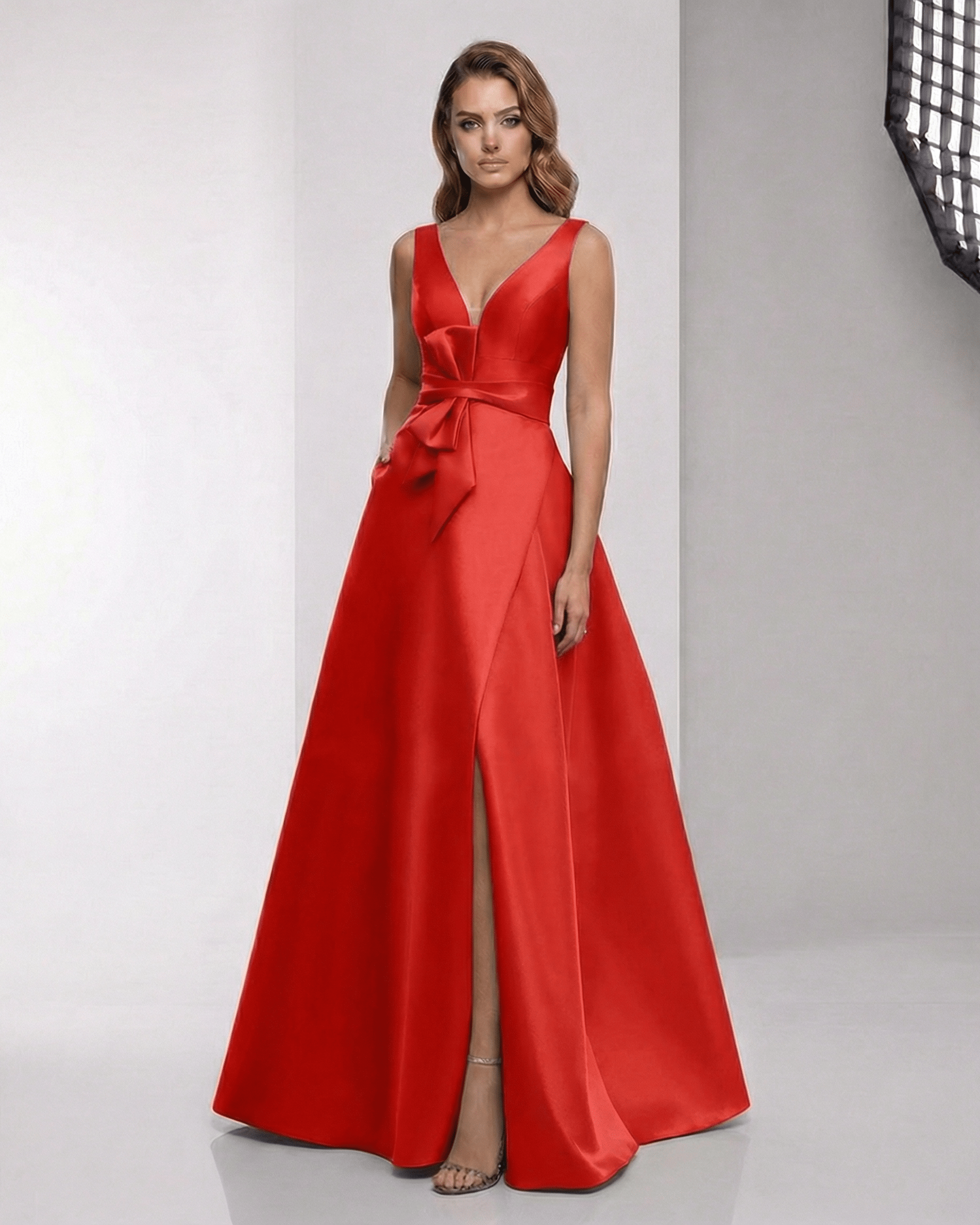 Valencia Maxi Dress - Red satin A-line dress with wrap slit, bow waist, and elegant V-neckline by Lauven.
