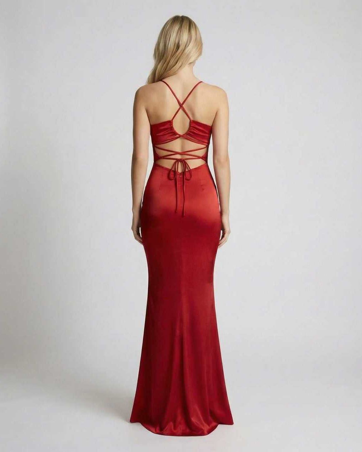 Valencia Maxi Dress - Red satin finish with open back straps, body-skimming silhouette by Lauven.