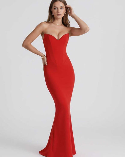 Valencia Maxi Dress - Red strapless design with sweetheart neckline and mermaid silhouette by Lauven.