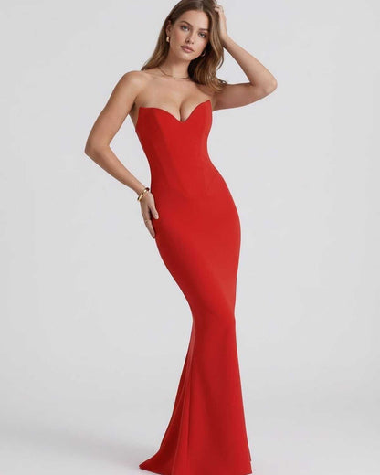 Valencia Maxi Dress in red, featuring a sweetheart neckline and mermaid silhouette, perfect for elegant evening wear by Lauven.