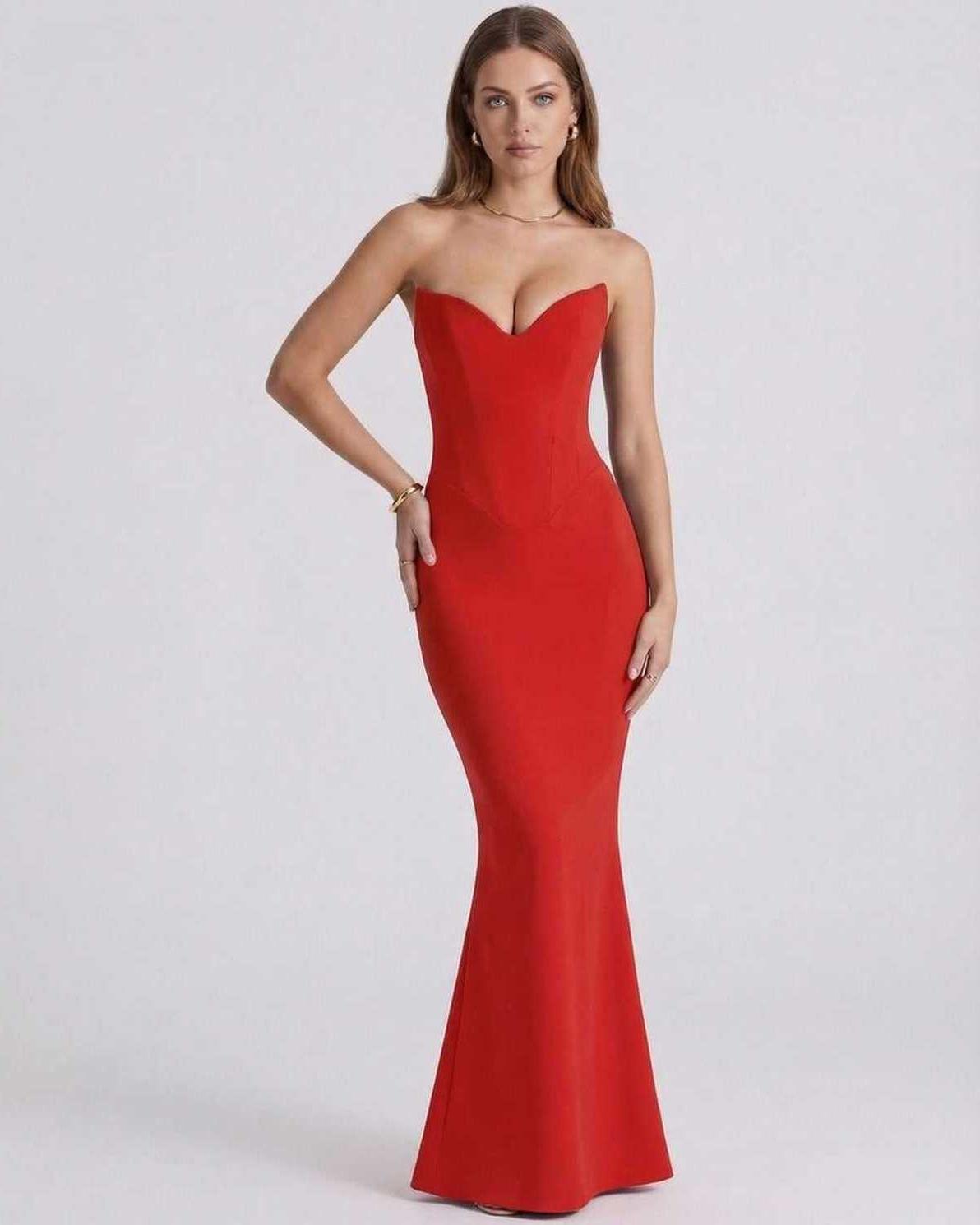 Valencia Maxi Dress - Red Strapless Dress with Sweetheart Neckline, Mermaid Silhouette by Lauven, Perfect for Formal Events