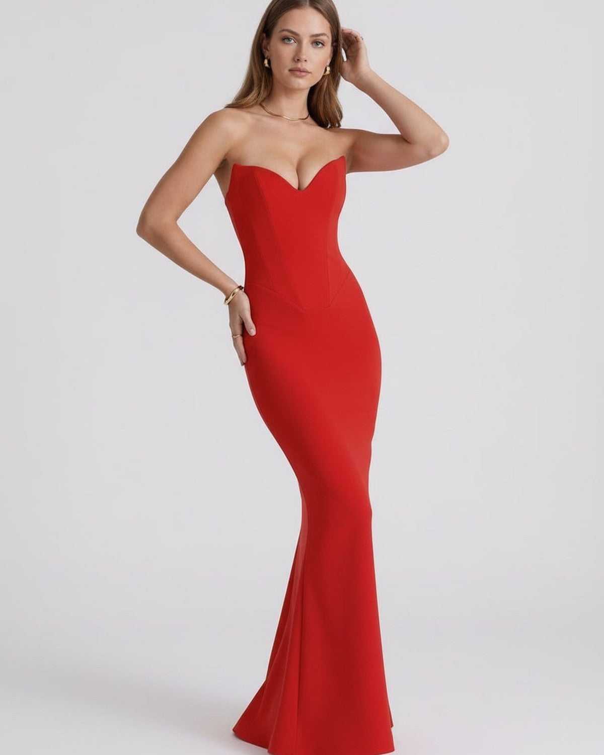 Valencia Maxi Dress in red, featuring sweetheart neckline, mermaid silhouette, by Lauven, ideal for elegant occasions.