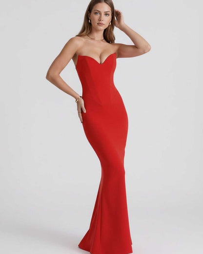 Valencia Maxi Dress in red, featuring sweetheart neckline, mermaid silhouette, by Lauven, ideal for elegant occasions.