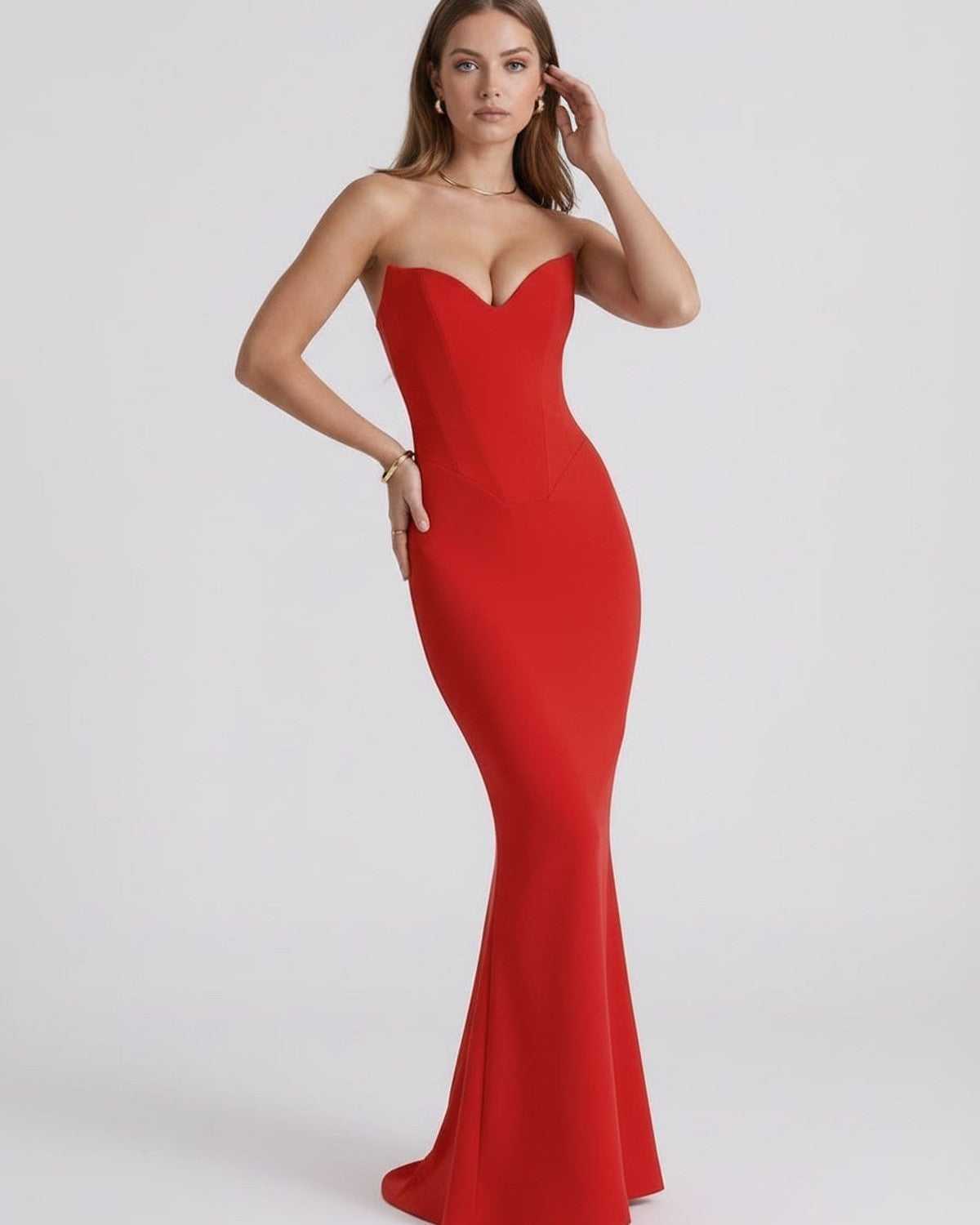 Valencia Maxi Dress in red, strapless with sweetheart neckline, mermaid silhouette by Lauven, perfect for special occasions.