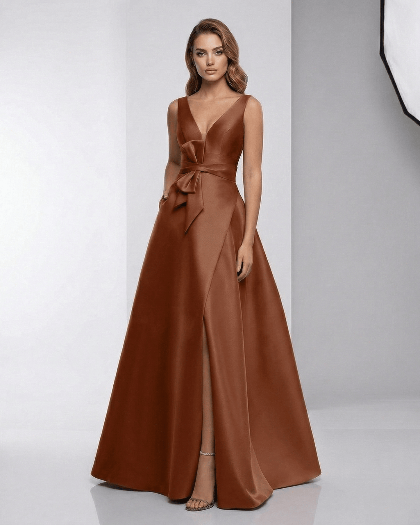 Valencia Maxi Dress - Satin A-Line V-Neck Floor-Length Evening Dress by Lauven, featuring a rich rust tone and elegant silhouette.