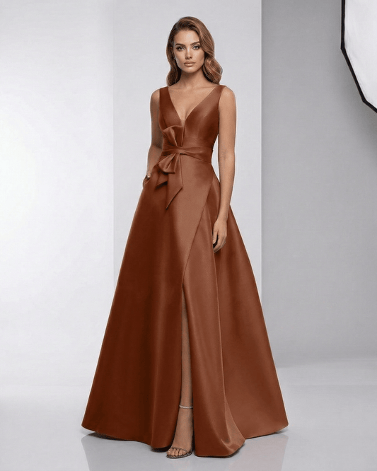Valencia Maxi Dress - Satin A-Line V-Neck Floor-Length Evening Dress by Lauven, featuring a rich rust tone and elegant silhouette.