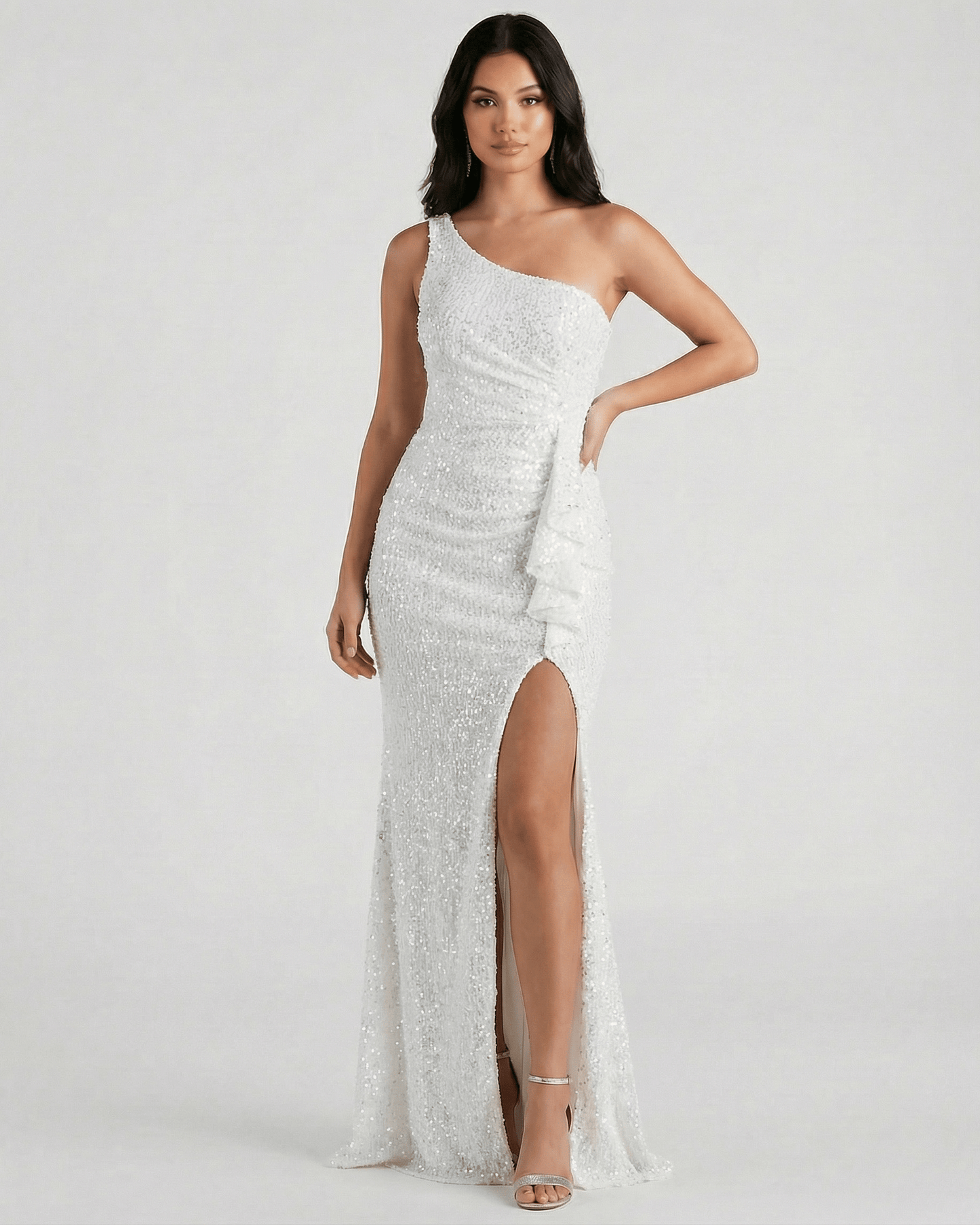 Valencia Maxi Dress by Lauven – White sequin dress with one shoulder and high slit, exuding elegance and modern style.