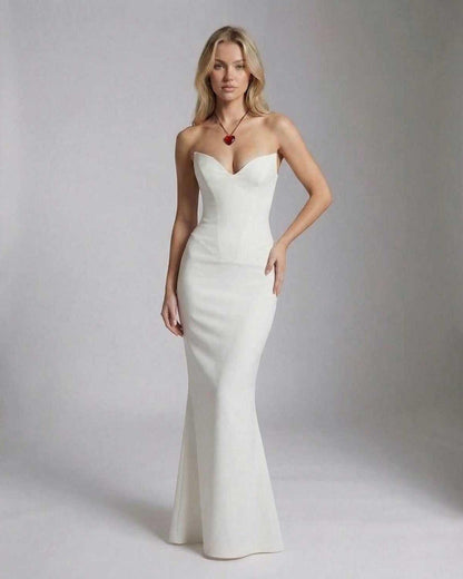 Valencia Maxi Dress by Lauven - Elegant strapless white mermaid silhouette dress showcasing stunning fit.