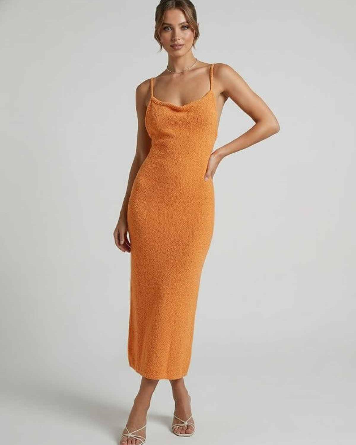 Valencia Midi Dress by Lauven – Orange spaghetti strap midi dress featuring elegant slim silhouette.